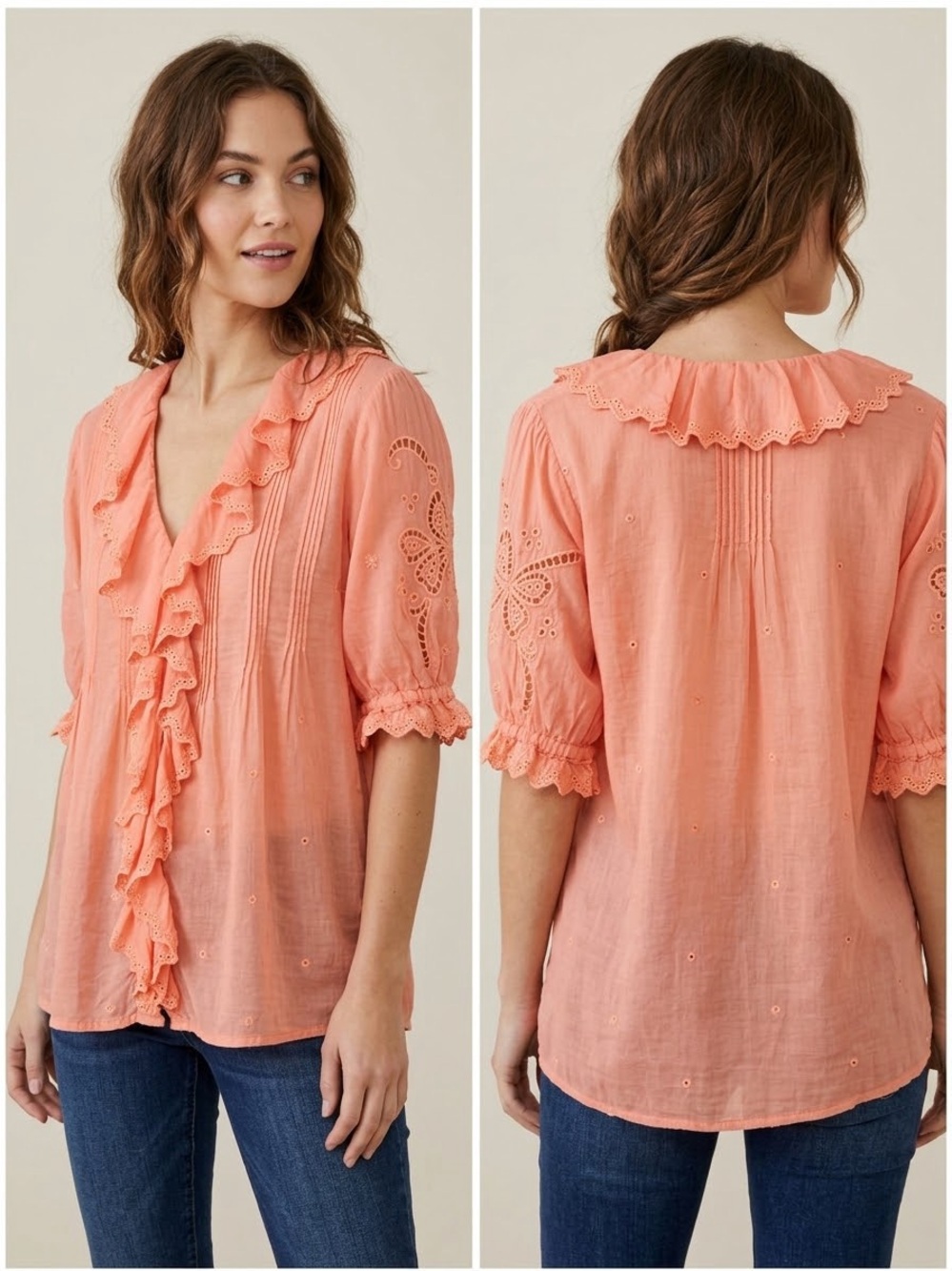 Johnny Was Coral Peach Eyelet Ruffle VNeck Blouse with Butterfly Cutout Sleeves